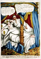 Die Erzherzogin Maria Louisa geht schlafen, Karikatur zur Heirat von Napoleon und Maria Louisa, veröffentlicht am 12. April 1810